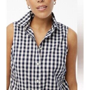 J Crew Factory Navy White Gingham Cotton Sleeveless Collar Button Down Sz Small
